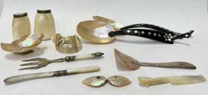 Lot 37 - Grp vintage MOP items incl Twin buckle, paper knife, s & p shakers,