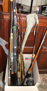 Lot 48 - Box Lot of Vintage Fishing Rods inc Split Cane Rod w Bakelite reel, Fib