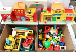 Lot 53 - 3x Box Lot of Vintage Fischer Price Toys inc 2x Street Sections w Shops Lot 53 - 3x Box Lot of Vintage Fischer Price Toys inc 2x Street Sections w Shops
