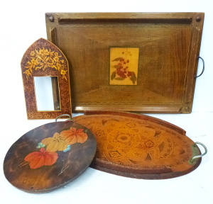 Lot 68 - Group lot of Vintage Wooden Pokerwork & Inlay items inc, trays, doi Lot 68 - Group lot of Vintage Wooden Pokerwork & Inlay items inc, trays, doi