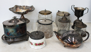 Lot 74 - Lot of EPNS & Other Metal items inc Lidded Biscuit Jars, Bras Lidde Lot 74 - Lot of EPNS & Other Metal items inc Lidded Biscuit Jars, Bras Lidde
