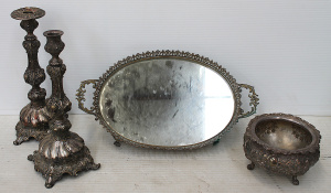 Lot 83 - Group lot - vintage epns Candlesticks, Decorative Bowl & Mirrored T Lot 83 - Group lot - vintage epns Candlesticks, Decorative Bowl & Mirrored T