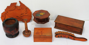 Lot 84 - Group lot - Vintage c1930s + Australian Pokerwork items - Vases, Boxes, Lot 84 - Group lot - Vintage c1930s + Australian Pokerwork items - Vases, Boxes,