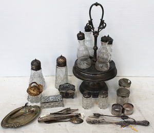 Lot 86 - Mixed Lot of Cruet Set w original stand, Metal Caster Sugar Shakers, as