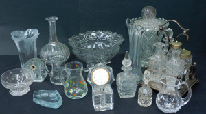 Lot 91 - Group lot vintage Glass & Crystal inc German Clock, Vase with Flowe
