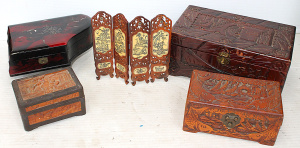 Lot 107 - Group lot of Vintage Asian Inspired Wooden Boxes inc Piano Jewellery B