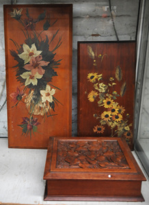 Lot 113 - 3 x Vintage Wooden Items inc, large Chip Carved Lidded Box with grape Lot 113 - 3 x Vintage Wooden Items inc, large Chip Carved Lidded Box with grape