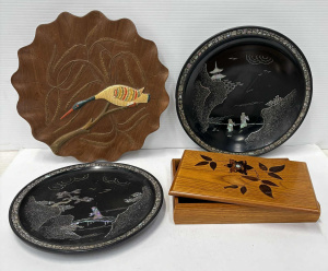 Lot 128 - 4 x items - 2 x Oriental black lacquer, mop dish, plate, carved wall
