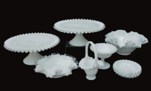 Lot 142 - Group lot vintage Fenton Milk Glass inc Basket, Pair of Pleated rimmed Lot 142 - Group lot vintage Fenton Milk Glass inc Basket, Pair of Pleated rimmed