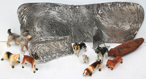 Lot 144 - Group Lot of Brutalist Acid Etched Aluminium Trays by Don Shiel, Ceram Lot 144 - Group Lot of Brutalist Acid Etched Aluminium Trays by Don Shiel, Ceram