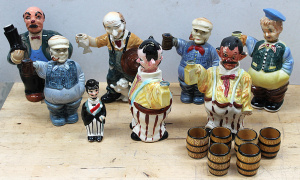 Lot 145 - Group lot vintage Novelty Japanese decanters - most with Tankard in ha Lot 145 - Group lot vintage Novelty Japanese decanters - most with Tankard in ha