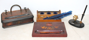 Lot 147 - Small Lot of Vintage Stationary & Desk Ink Stands incl Blue Feathe