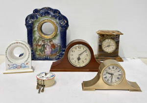 Lot 154 - Grp clocks & clock cases incl Decorative Edwardian china, Wedgwood
