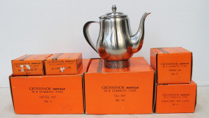 Lot 159 - Group Lot Boxed Grosvenor Mantilla Stainless Steel Kitchenware inc Tea Lot 159 - Group Lot Boxed Grosvenor Mantilla Stainless Steel Kitchenware inc Tea
