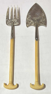 Lot 196 - 1876 Sterling silver slice Spade & Fork servers with ivory handles