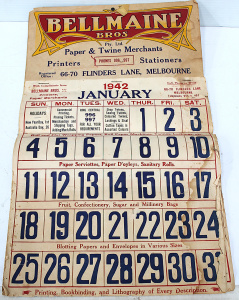 Lot 199 - Belmaine Bros of Flinder's Lane, Melb Wartime 1942 Calendar, all month Lot 199 - Belmaine Bros of Flinder's Lane, Melb Wartime 1942 Calendar, all month