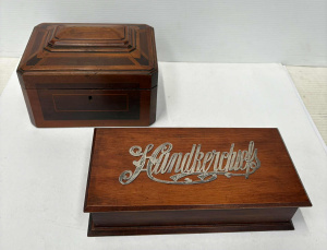 Lot 201 - 2 x vintage wooden boxes - oblong with hallmarked S Silver text 'Handk