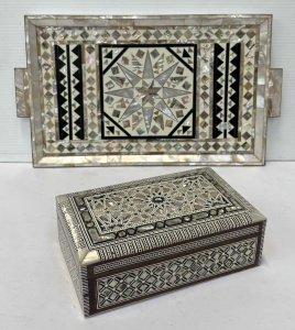 Lot 211 - 2 x pces Middle Eastern wooden mother of pearl inlay - jewellery box &