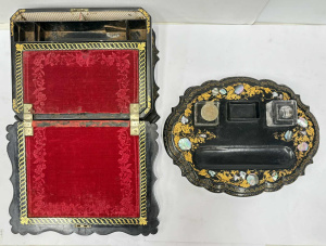 Lot 215 - 2 pces Ladies ornate Victorian black lacquer ware paper Mache writing