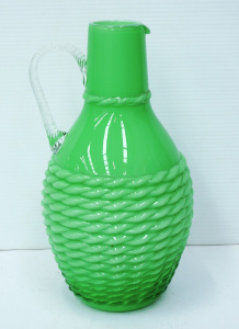 Lot 235 - Retro Italian Empoli Green Glass handled Jug - Basket weave lower sect