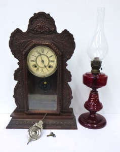 2 x Circa 1900 Items inc, Ruby Glass Oil Lamp with clear chimney & an Ansoni