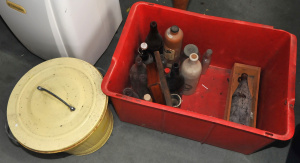 Group Lot of Assorted Glass Bottles Wooden Playing Card Box, Australian Pottery