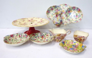 Group lot of Vintage English China Chintz Items inc, Foley Cake plate with Bakel