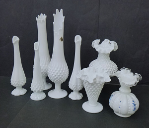 Group lot of Vintage Fenton Milk Glass Vases inc, hobnail, swung finger pedestal