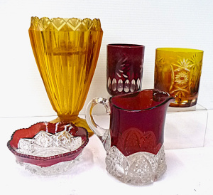 Group lot of Vintage Glass Crystal Items inc, Ruby Flash jug & bowl, Trube