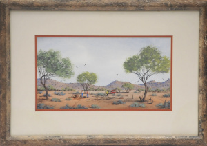 Kym Hart (1965 - ) Framed Watercolour - Outback scene w Figures & Dig site -