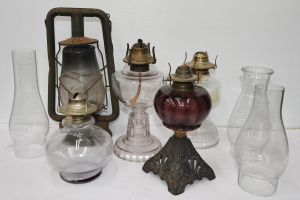 Lot of Vintage Oil Lamps incl Amethyst Glass Oil Lamp, Hurricane Lamp etc