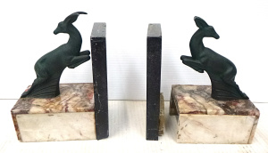 Pr Art Deco Bookends - Patinated spelter on marble bases (af) approx 17cm H