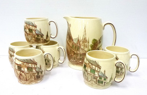Vintage English Kirkham Pottery 7 piece drink set inc, jug & mugs with inn &