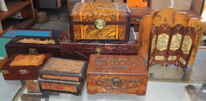Lot 4 - Group Lot Oriental Carved Wooden Boxes & Items incl Trinket Boxes, C