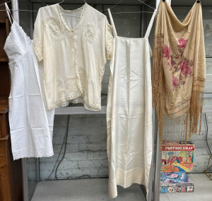 Lot 7 - 6 x items - 2 x 1920s cream silk chemises, loose cream silk jacket with Lot 7 - 6 x items - 2 x 1920s cream silk chemises, loose cream silk jacket with