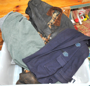 Lot 10 - Lot of Mens Clothes incl Oilskin Stagg Mens Jacket, Norwellian Blue Jac Lot 10 - Lot of Mens Clothes incl Oilskin Stagg Mens Jacket, Norwellian Blue Jac