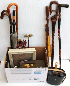 Lot 14 - Box lot asstd Vintage Items Set of Carved Wooden Canes inc Snake & Lot 14 - Box lot asstd Vintage Items Set of Carved Wooden Canes inc Snake &
