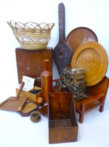 Lot 15 - Box lot Mostly Vintage Wooden items inc, carved fireplace bellows, Medi