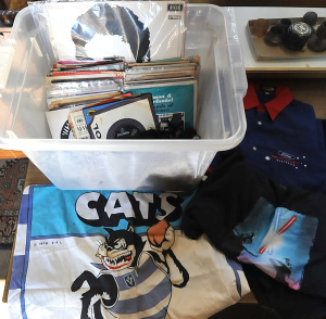 Lot 24 - Box lot of Assorted Vinyl 45rpm & LPs, VFL Geelong Cats Cushion Cov Lot 24 - Box lot of Assorted Vinyl 45rpm & LPs, VFL Geelong Cats Cushion Cov