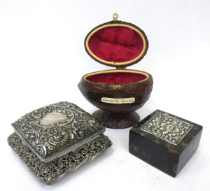 Lot 26 - 3 x Trinket Boxes inc, lined coconut box from Mauritius, American sil Lot 26 - 3 x Trinket Boxes inc, lined coconut box from Mauritius, American sil