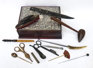 Lot 34 - Wooden Jewellery Box with ornate silver plated lid & contents of as