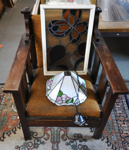 Lot 38 - 3 x Arts & Crafts Items incl blackwood armchair, Lead Light Glass L