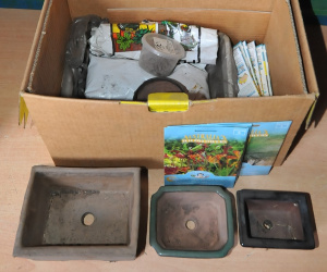 Lot 50 - Box lot Bonsai Items incl Seeds, Pots, Accessories etc