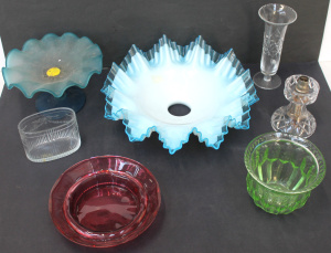 Lot 51 - Box Lot Vintage Glass & Crystal inc Milk Glass Shade, Ruby Glass Bo
