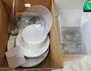 Lot 57 - Box lot Mixed Goods incl Kosta Boda Heavy Glass Bowl, Assorted Dinnerwa