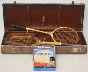 Lot 62 - Group lot - old Fibreboard Tennis Racquet Case & Contents - Old Spa