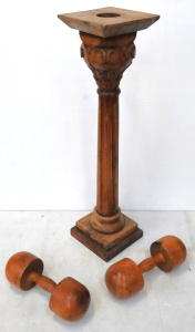 Lot 63 - Pair of Vintage Wooden Calisthenics Dumbbells & Wooden Candlestick
