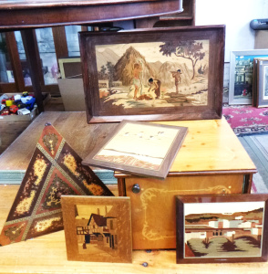 Lot 70 - Group lot Vintage Wooden Items inc, inlaid panels with scenes, cabine Lot 70 - Group lot Vintage Wooden Items inc, inlaid panels with scenes, cabine