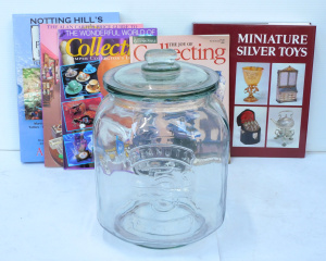 Lot 77 - Mixed Group inc Large Glass Peanuts lidded Jar 33cm H & Reference