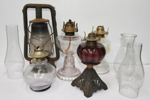 Lot 82 - Lot of Vintage Oil Lamps incl Amethyst Glass Oil Lamp, Hurricane Lamp e